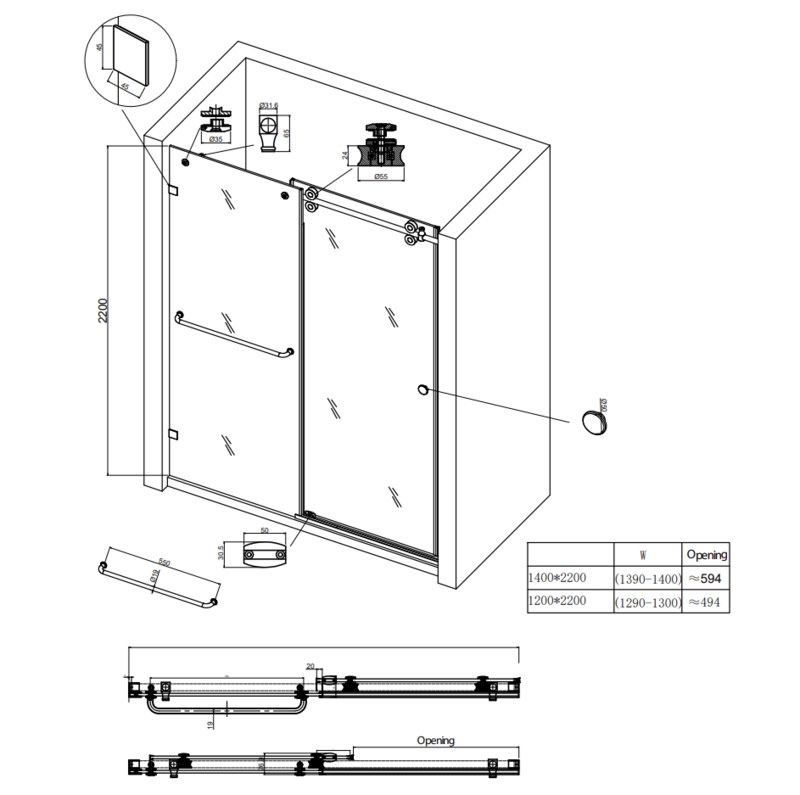 Душові двері в нішу Koer SR SD06 (KR5368) розсувні 140x220 см прозора