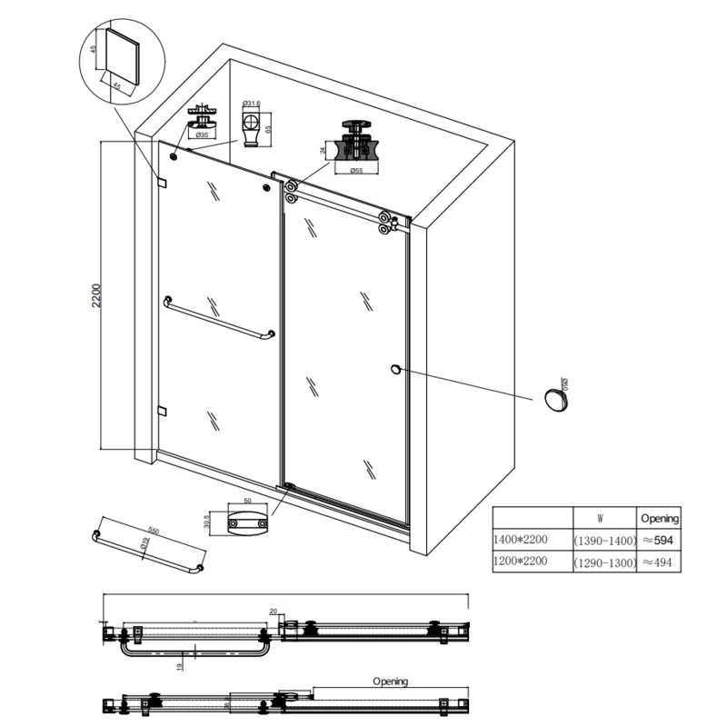 Душові двері в нішу Koer SR SD06 (KR5369) розсувні 140x220 см прозора