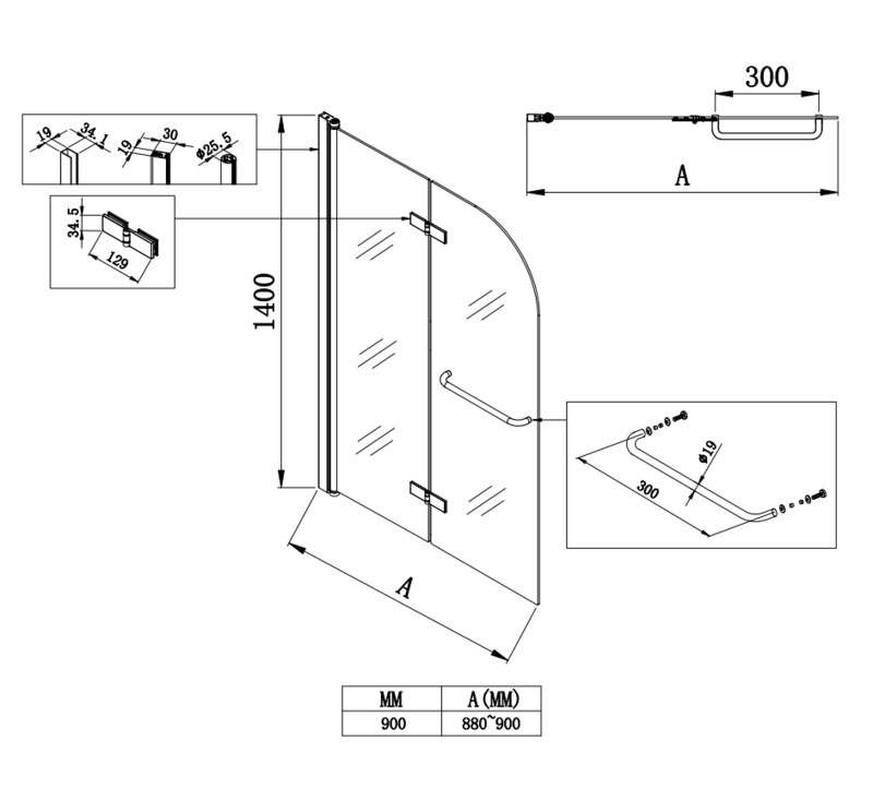 Шторка для ванны Koer SR BS05 (KR5372) стеклянная 90x140 см прозрачная, профиль хром
