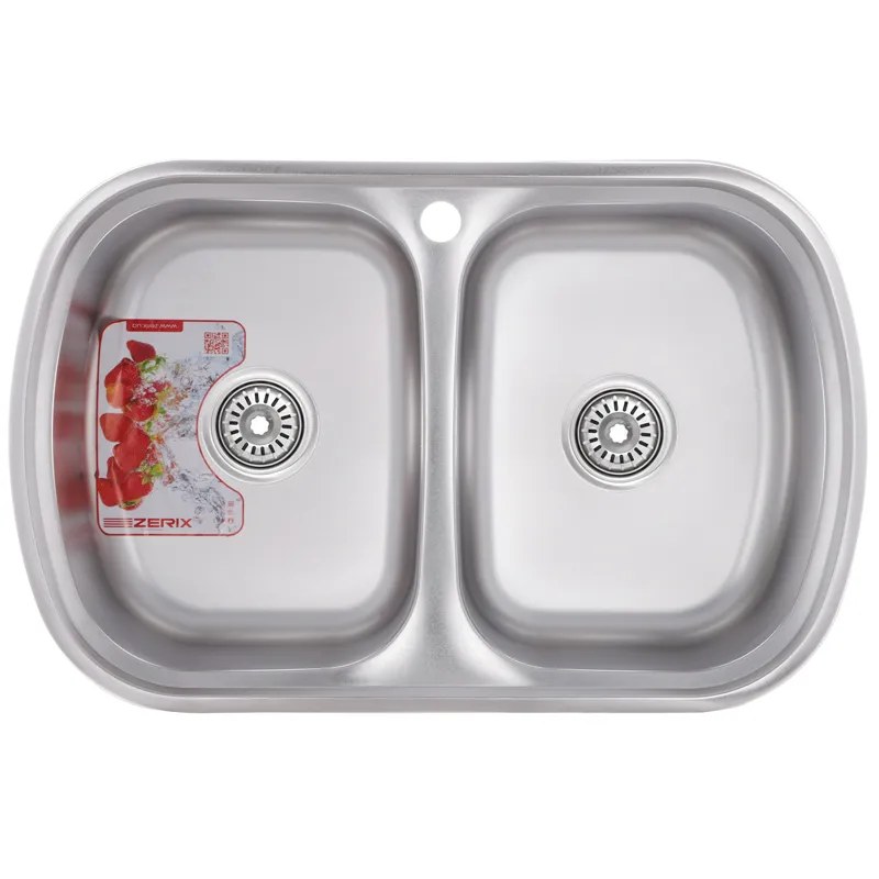 Кухонная мойка Zerix Z7749-08-180E из нержавейки (ZM0565) врезная, на две чаши, 0,8 мм, Satin