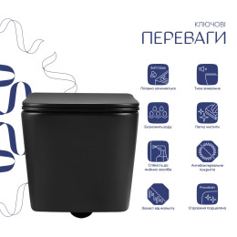 Підвісний унітаз Qtap Crow чорний Ultra Quiet безободковий (QT05335171MB) з сидінням Soft Close