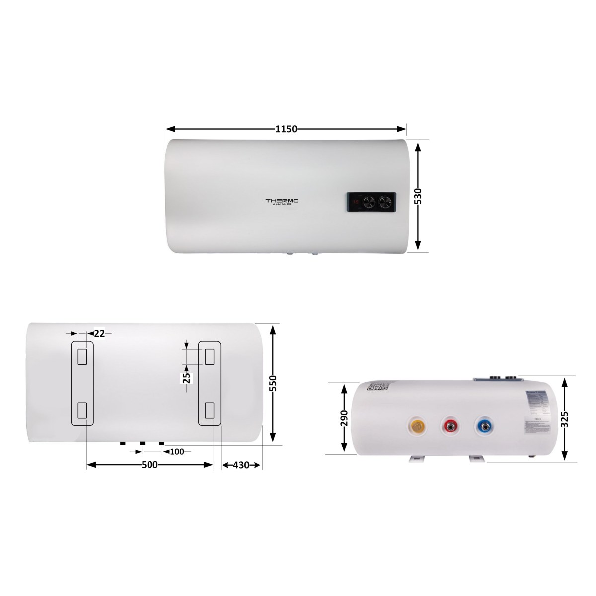 Бойлер Thermo Alliance DT100H20GPD плоский 100 л с мокрым ТЭНом 2,0 кВт, горизонтальный, белый