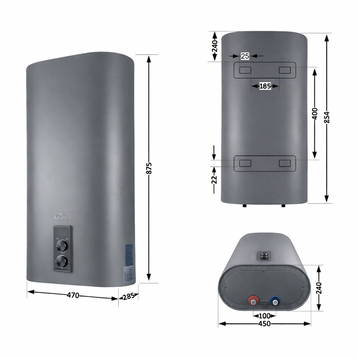 Бойлер Thermo Alliance DT50V20G(PD)/2G плоский 50 л с мокрым ТЭНом 2,0 кВт, вертикальный, серый