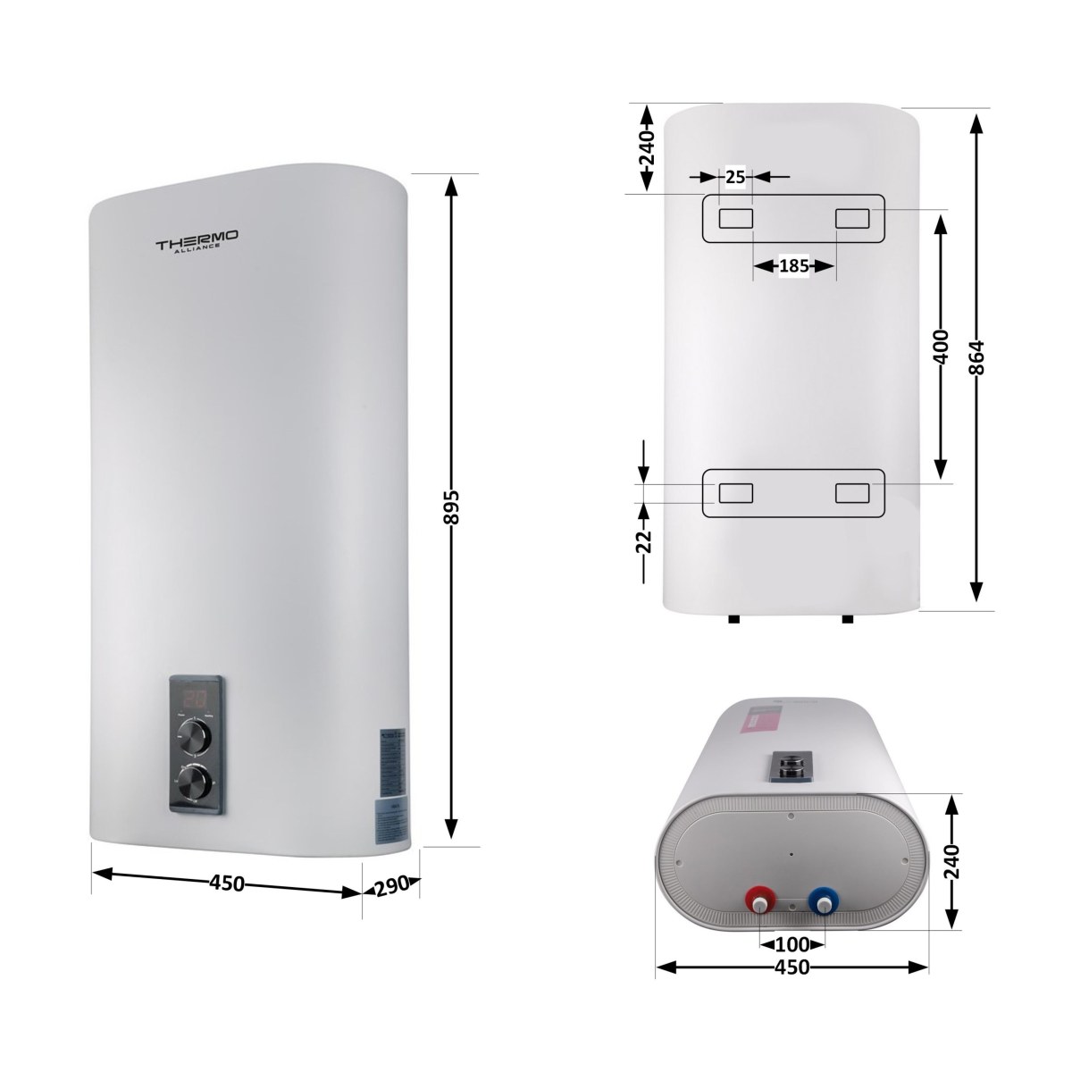 Бойлер Thermo Alliance DT50V20GPDD2 плоский 50 л с сухим ТЭНом 2,0 кВт, вертикальный, белый