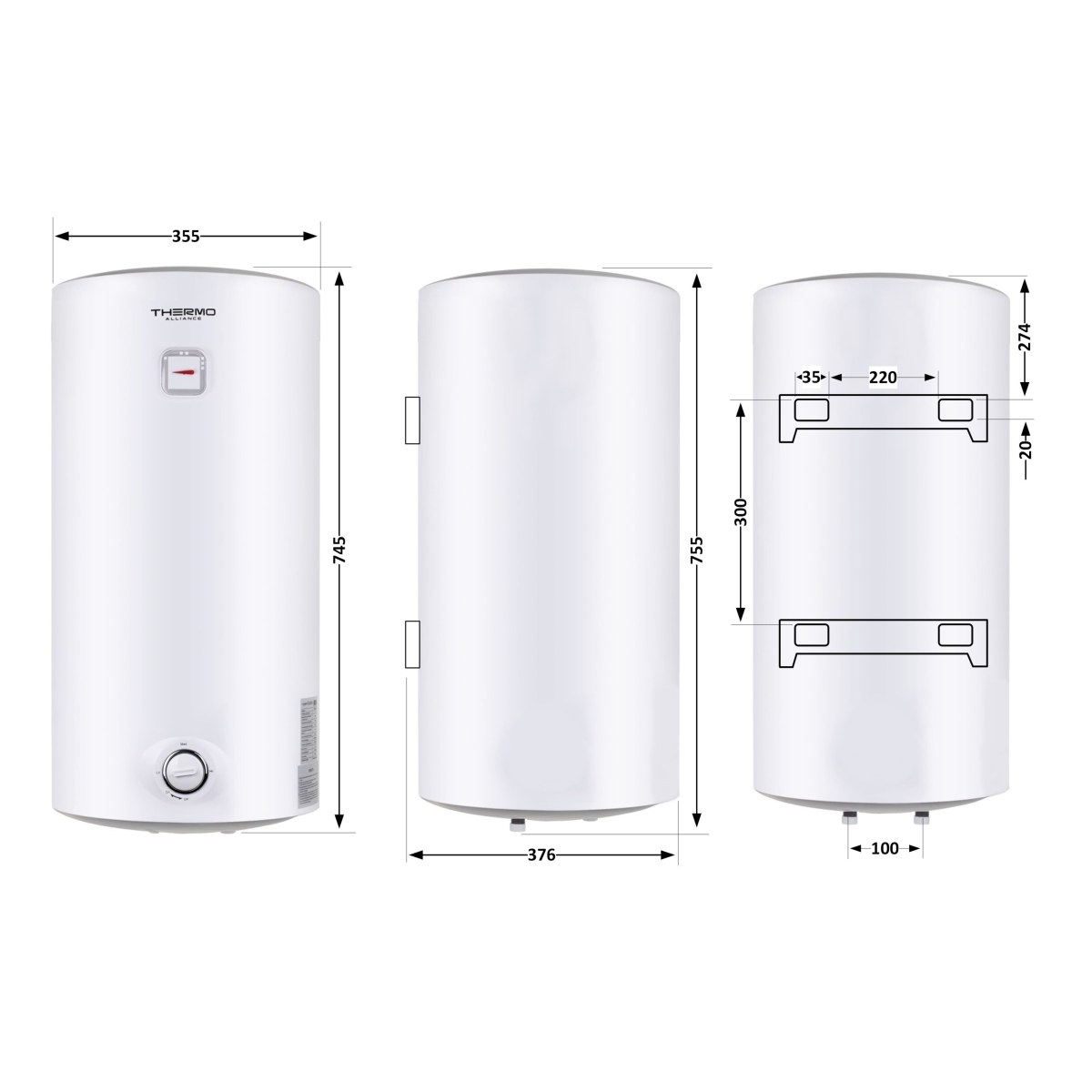 Бойлер Thermo Alliance D50V15Q1 Slim 50 л с мокрым ТЭНом 1,5 кВт, вертикальный, белый
