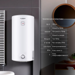 Бойлер Thermo Alliance D50V15Q1 Slim 50 л с мокрым ТЭНом 1,5 кВт, вертикальный, белый