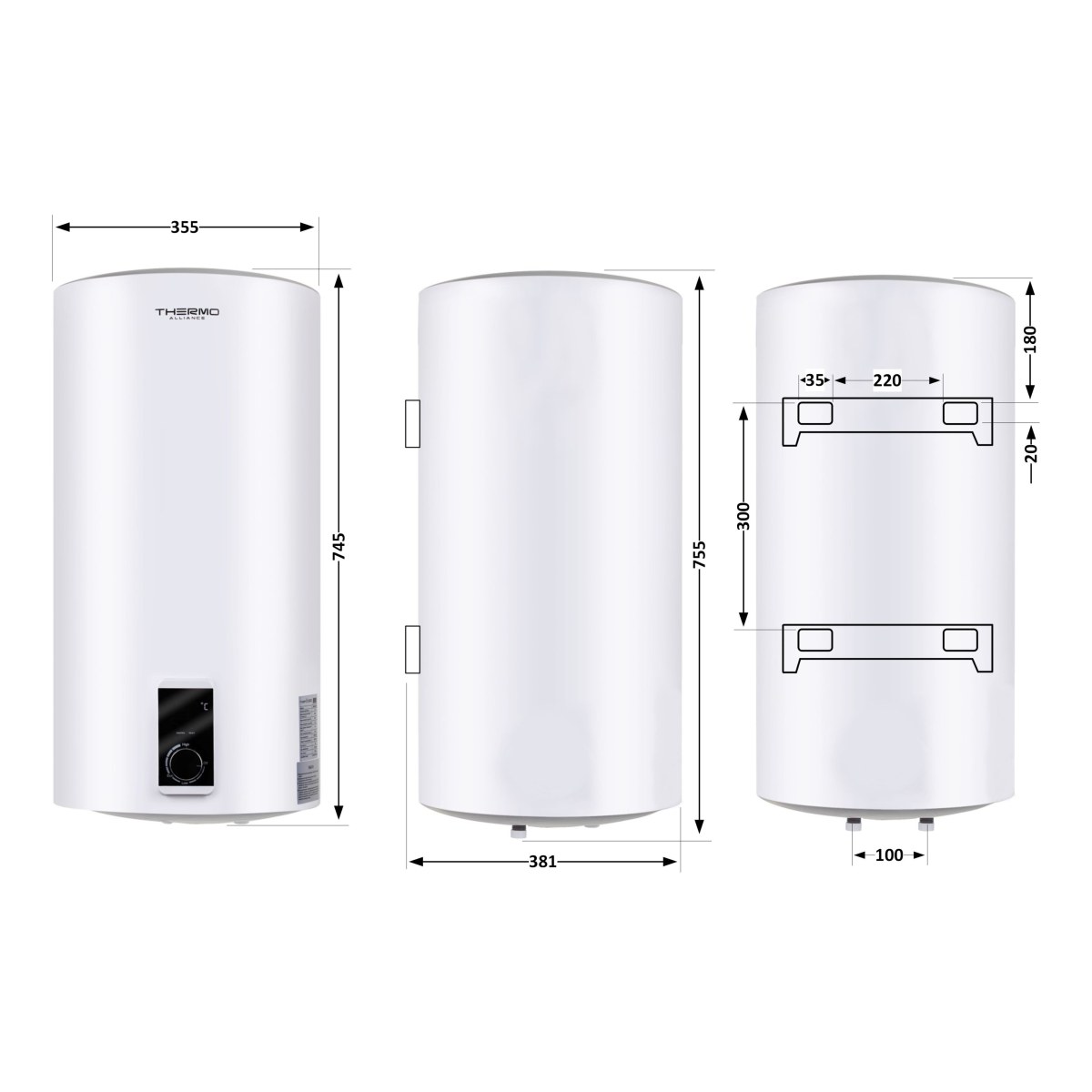 Бойлер Thermo Alliance D50V20JD1K Slim 50 л с сухим ТЭНом 2,0 кВт, вертикальный, белый