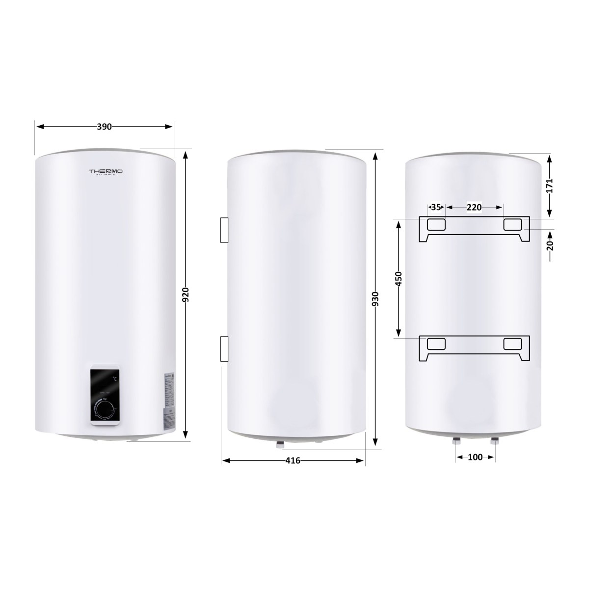 Бойлер Thermo Alliance D80V20JD2K Slim 80 л з сухим ТЕНом 2,0 кВт, вертикальний, білий