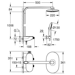 Душевая система Grohe Rainshower System SmartControl 360 MONO с тропическим, ручным душем и термостатом для душа, наружный монтаж