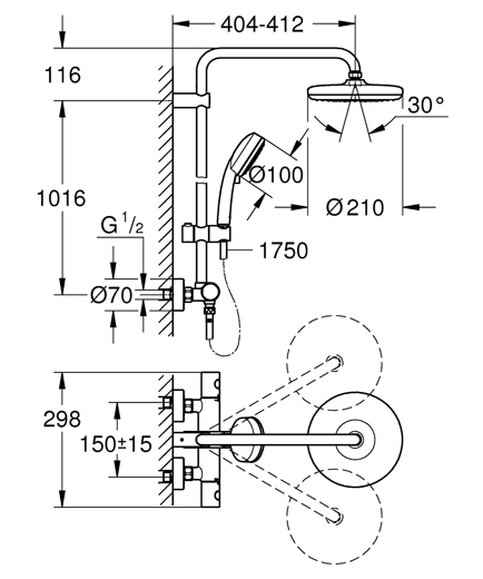 Душевая система Grohe Tempesta Cosmopolitan 210 с тропическим, ручным душем и термостатом для душа, наружный монтаж