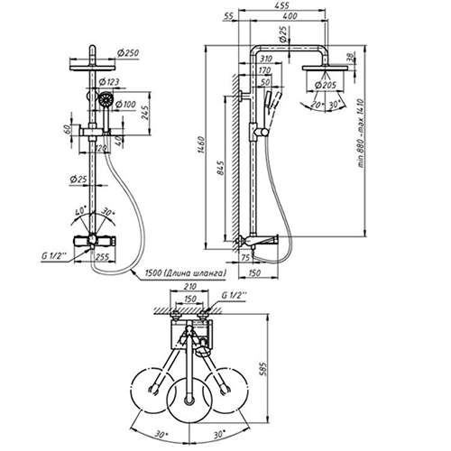 Душевая система Qtap Sloup 51105OGC наружного монтажа с тропическим и ручным душем