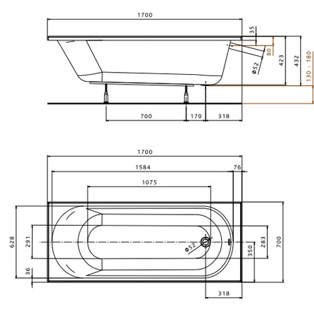 Ванна Коло Опал плюс (Kolo Opal Plus) акриловая 170x70 прямоугольная