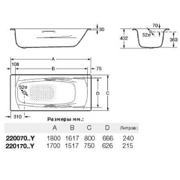 Ванна стальная Roca Swing 180x80 см прямоугольная с ручками и ножками белая