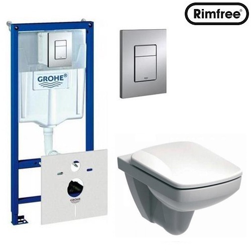 Инсталляция Grohe и унитаз Kolo Nova Pro Rimfree (без ободка) подвесной с крышкой (Soft Close) в комплекте