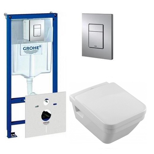 Инсталляция Grohe и подвесной унитаз Villeroy&Boch Omnia Architectura Rimless (без ободка) с крышкой и сиденьем с микролифтом (комплект 4 в 1)