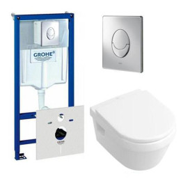 Инсталляция Grohe и подвесной унитаз Villeroy&Boch Omnia Architectura Rimless (без ободка) с крышкой и сиденьем с микролифтом (комплект 4 в 1)