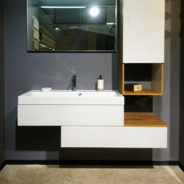 Мебель для ванной Fancy Marble Tristan 140 см комплект подвесной в цвете натурального дерева с белыми фасадами