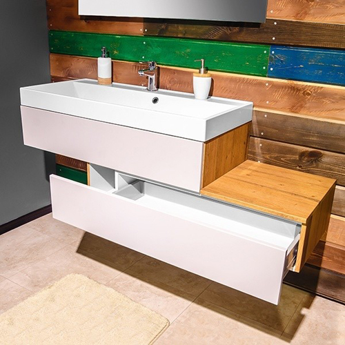 Умывальник с тумбой Fancy Marble Tristan 1000 (Mersey) 140 см подвесной в цвете натурального дерева с белыми фасадами