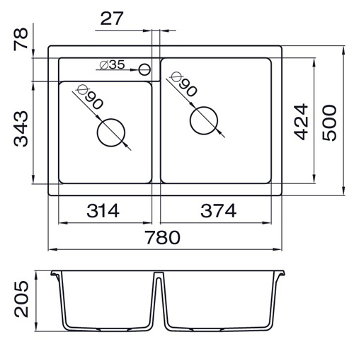 Мойка Metalac Quadro Plus 2 D для кухни из камня (керамогранит X-Granit) с двумя чашами врезная черная