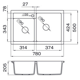 Мойка Metalac Quadro Plus 2 D для кухни из камня (керамогранит X-Granit) с двумя чашами врезная черная