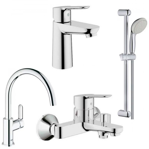 Grohe (123218K) набор смесителей Bau Edge + смеситель для кухни, смеситель для ванны, смеситель для умывальника, душевая стойка с лейкой, шлангом и держателем