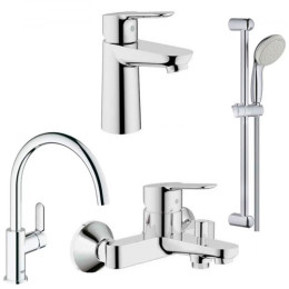 Grohe (123218K) набор смесителей Bau Edge + смеситель для кухни, смеситель для ванны, смеситель для умывальника, душевая стойка с лейкой, шлангом и держателем