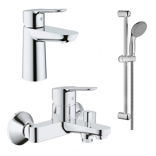 Набор смесителей Grohe (123365S) Bau Edge смеситель для ванны, смеситель для умывальника, душевая стойка с лейкой, шлангом и держателем