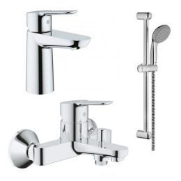 Набор смесителей Grohe (123365S) Bau Edge смеситель для ванны, смеситель для умывальника, душевая стойка с лейкой, шлангом и держателем