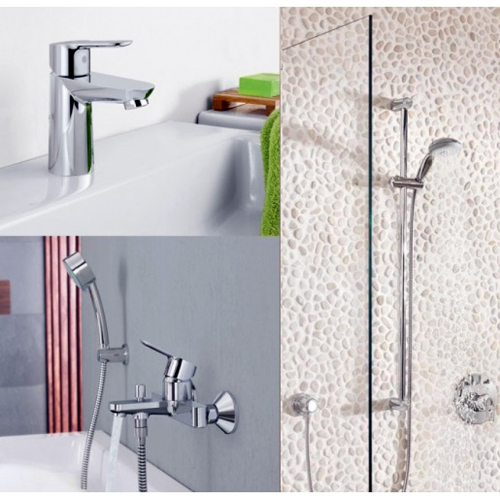 Набор смесителей Grohe (123365S) Bau Edge смеситель для ванны, смеситель для умывальника, душевая стойка с лейкой, шлангом и держателем