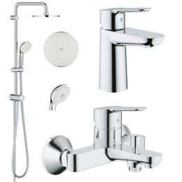 Набор смесителей Grohe Bau Edge 12336TS смеситель для ванны, смеситель для умывальника, душевая стойка с лейкой, шлангом и держателем