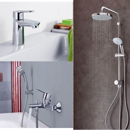 Набор смесителей Grohe Bau Edge 12336TS смеситель для ванны, смеситель для умывальника, душевая стойка с лейкой, шлангом и держателем