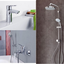 Набор смесителей Grohe Bau Edge 12336TS смеситель для ванны, смеситель для умывальника, душевая стойка с лейкой, шлангом и держателем