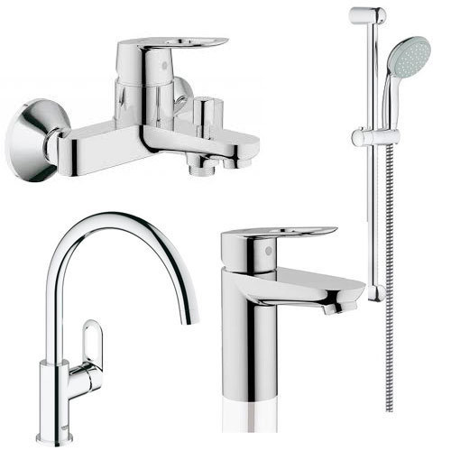 Набір змішувачів Grohe BauLoop: змішувач для ванни, змішувач для умивальника, душова стійка з лейкою, шлангом і тримачем, змішувач для кухні