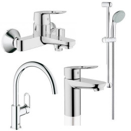 Набір змішувачів Grohe BauLoop: змішувач для ванни, змішувач для умивальника, душова стійка з лейкою, шлангом і тримачем, змішувач для кухні
