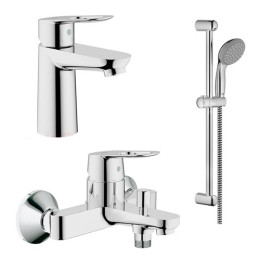 Набір змішувачів Grohe BauLoop: змішувач для ванни, змішувач для умивальника, душова стійка з лейкою, шлангом і тримачем