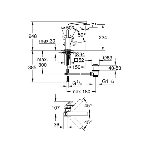 Смеситель для умывальника Grohe Eurocube L-Size с поворотным изливом и донным клапаном, хромированный 