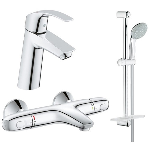 Grohe 34101TM Eurosmart набор смесителей: термостат для ванны, смеситель для умывальника, душевая стойка с лейкой, шлангом и держателем