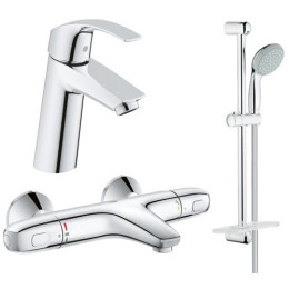 Grohe 34101TM Eurosmart набор смесителей: термостат для ванны, смеситель для умывальника, душевая стойка с лейкой, шлангом и держателем