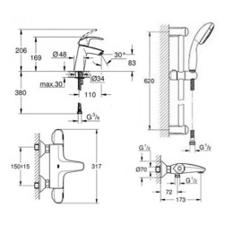 Grohe 34101TM Eurosmart набор смесителей: термостат для ванны, смеситель для умывальника, душевая стойка с лейкой, шлангом и держателем