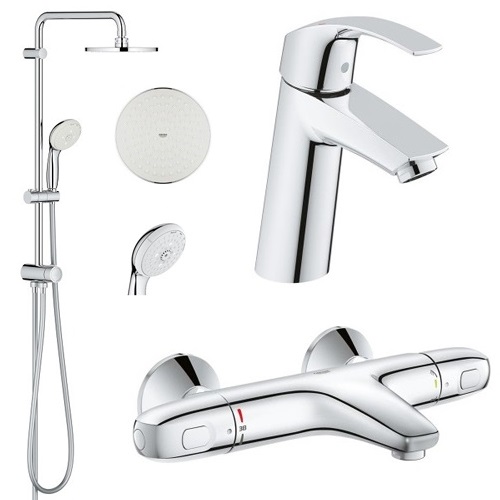 Grohe 34102TS Eurosmart комплект змішувачів: термостат для ванни, змішувач для умивальника, душова стійка з тропічним душем, лійкою, шлангом та тримачем