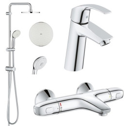 Grohe 34102TS Eurosmart комплект змішувачів: термостат для ванни, змішувач для умивальника, душова стійка з тропічним душем, лійкою, шлангом та тримачем