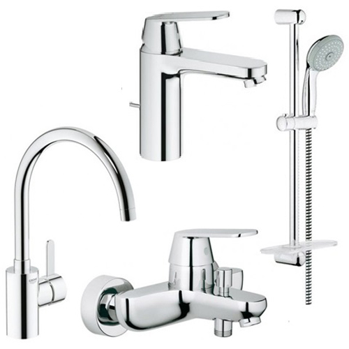 Grohe (126115MK) набор смесителей Eurosmart Cosmopolitan + смеситель для кухни, смеситель для ванны, смеситель для умывальника, душевая стойка с лейкой, шлангом и держателем