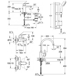 Grohe (126115MK) набор смесителей Eurosmart Cosmopolitan + смеситель для кухни, смеситель для ванны, смеситель для умывальника, душевая стойка с лейкой, шлангом и держателем