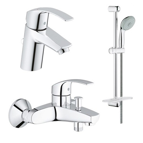 Набір змішувачів Grohe Eurosmart New: змішувач для ванни, змішувач для умивальника, душова стійка з лейкою, шлангом та тримачем