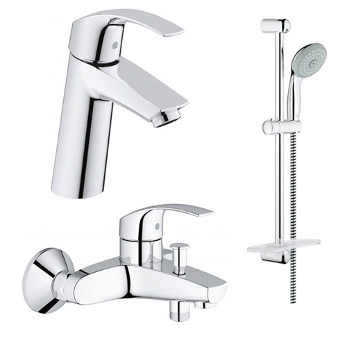 Набір змішувачів Grohe Eurosmart New: змішувач для ванни, змішувач для умивальника, душова стійка з лейкою, шлангом і тримачем