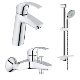 Набір змішувачів Grohe Eurosmart New: змішувач для ванни, змішувач для умивальника, душова стійка з лейкою, шлангом і тримачем