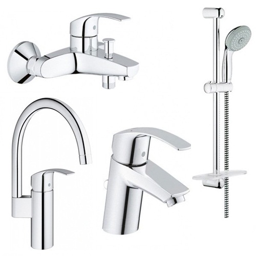 Набір змішувачів Grohe Eurosmart New: змішувач для ванни, змішувач для умивальника, душова стійка з лейкою, шлангом і тримачем, змішувач для кухні