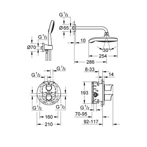 Комплект Grohe Grohtherm 2000 (34283001) для душа, термостат скрытого монтажа с тропическим и ручным душем хром