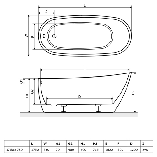Окремостояча ванна Excellent Comfort, овальна, 175×80 см, суцільнолита, виготовлена з санітарного акрилу