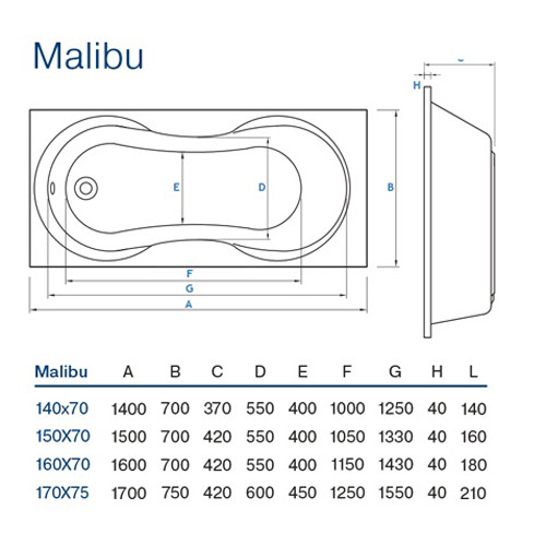 Ванна Koller Pool Malibu акриловая 160х70 прямоугольная